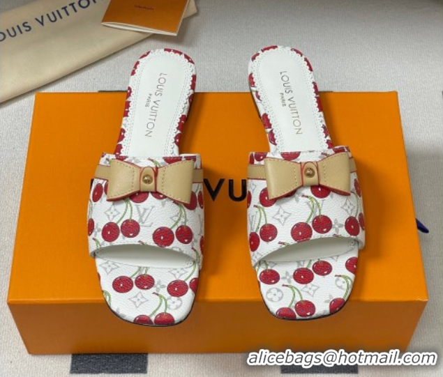Charming Louis Vuitton LV x TM Neo 6AM Flat Slides Sandal in Leather with Luscious Cherry and Bow White 0607011
