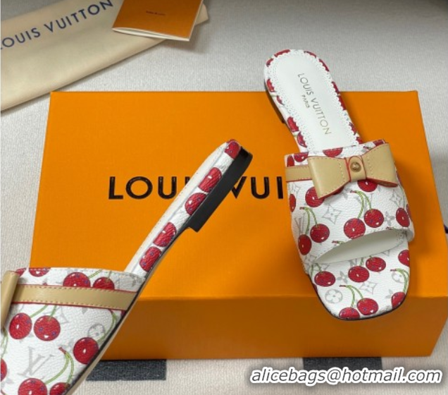 Charming Louis Vuitton LV x TM Neo 6AM Flat Slides Sandal in Leather with Luscious Cherry and Bow White 0607011