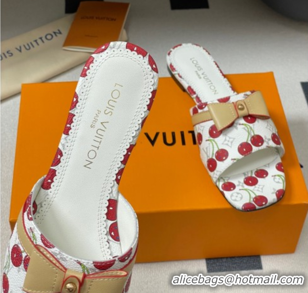 Charming Louis Vuitton LV x TM Neo 6AM Flat Slides Sandal in Leather with Luscious Cherry and Bow White 0607011