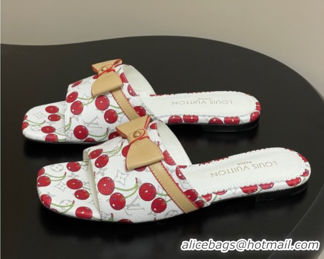 Charming Louis Vuitton LV x TM Neo 6AM Flat Slides Sandal in Leather with Luscious Cherry and Bow White 0607011