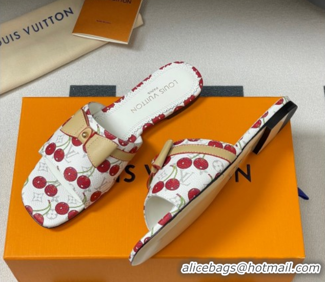 Charming Louis Vuitton LV x TM Neo 6AM Flat Slides Sandal in Leather with Luscious Cherry and Bow White 0607011
