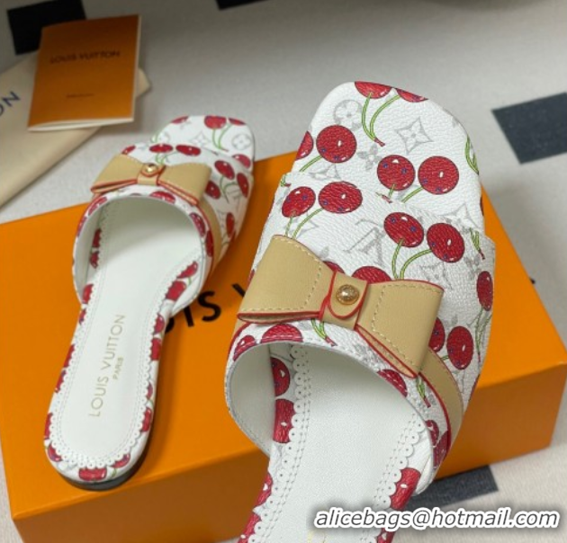 Charming Louis Vuitton LV x TM Neo 6AM Flat Slides Sandal in Leather with Luscious Cherry and Bow White 0607011