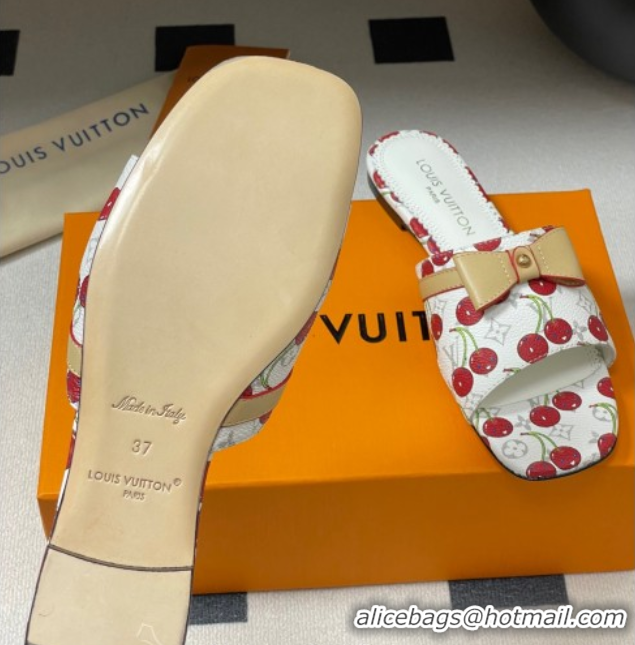 Charming Louis Vuitton LV x TM Neo 6AM Flat Slides Sandal in Leather with Luscious Cherry and Bow White 0607011