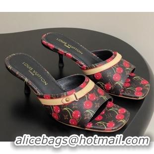 Good Looking Louis Vuitton LV x TM Neo 6AM Heel Slides Sandal 6cm in Leather with Luscious Cherry and Bow Black 0607012