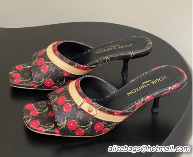 Good Looking Louis Vuitton LV x TM Neo 6AM Heel Slides Sandal 6cm in Leather with Luscious Cherry and Bow Black 0607012