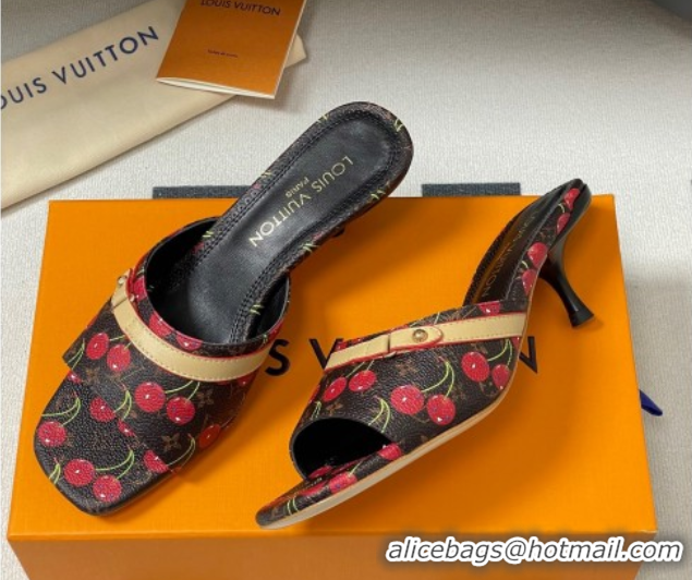 Good Looking Louis Vuitton LV x TM Neo 6AM Heel Slides Sandal 6cm in Leather with Luscious Cherry and Bow Black 0607012