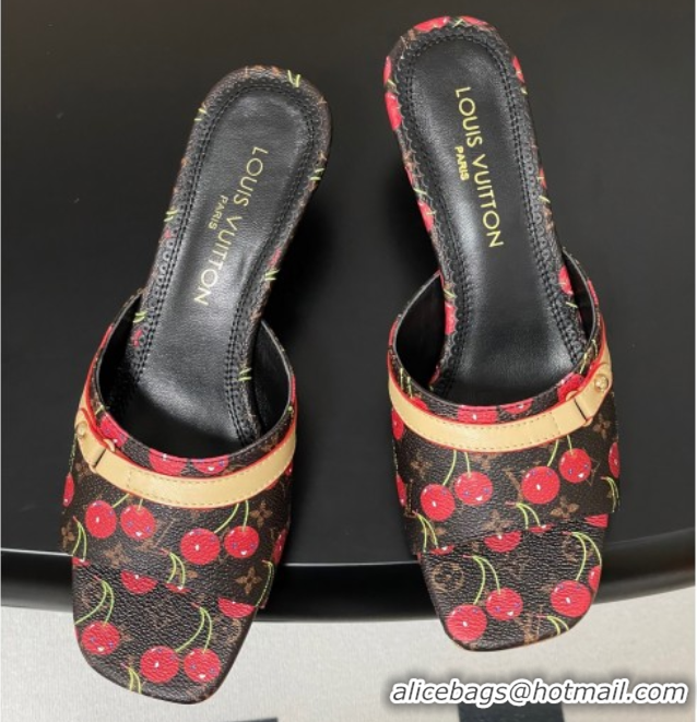 Good Looking Louis Vuitton LV x TM Neo 6AM Heel Slides Sandal 6cm in Leather with Luscious Cherry and Bow Black 0607012