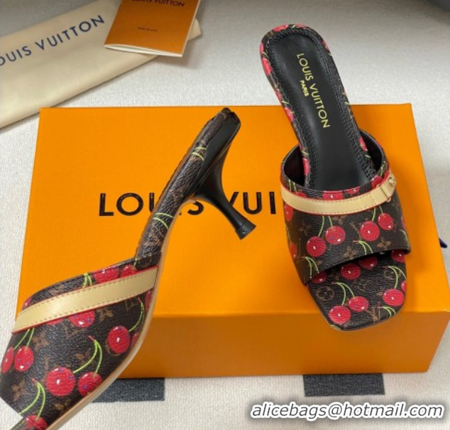 Good Looking Louis Vuitton LV x TM Neo 6AM Heel Slides Sandal 6cm in Leather with Luscious Cherry and Bow Black 0607012