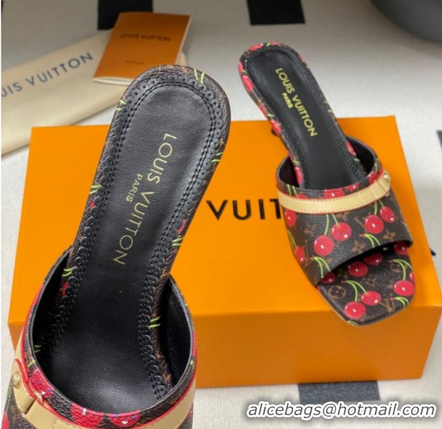 Good Looking Louis Vuitton LV x TM Neo 6AM Heel Slides Sandal 6cm in Leather with Luscious Cherry and Bow Black 0607012