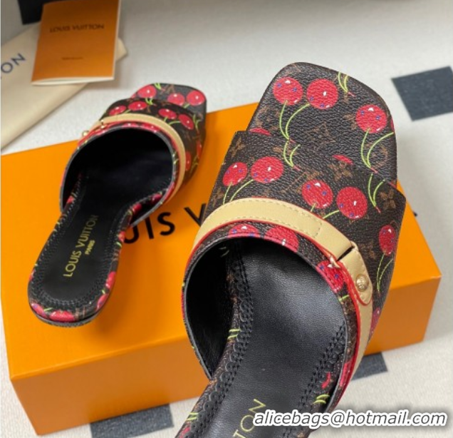 Good Looking Louis Vuitton LV x TM Neo 6AM Heel Slides Sandal 6cm in Leather with Luscious Cherry and Bow Black 0607012