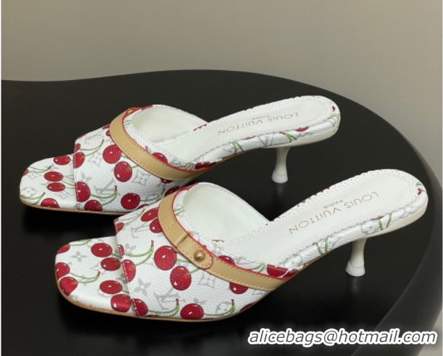 Cheap Price Louis Vuitton LV x TM Neo 6AM Heel Slides Sandal 6cm in Leather with Luscious Cherry and Bow White 0607013