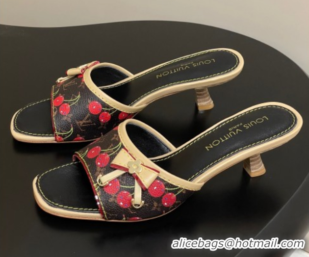 Pretty Style Louis Vuitton LV x TM Heel Slides Sandal 3cm in Leather with Luscious Cherry with Bow Black 0607018