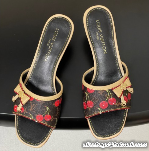 Pretty Style Louis Vuitton LV x TM Heel Slides Sandal 3cm in Leather with Luscious Cherry with Bow Black 0607018
