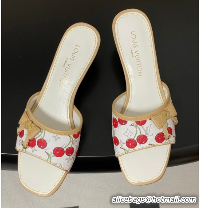 Good Product Louis Vuitton LV x TM Heel Slides Sandal 3cm in Leather with Luscious Cherry with Bow White 0607019