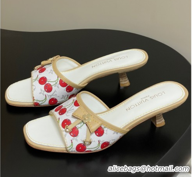 Good Product Louis Vuitton LV x TM Heel Slides Sandal 3cm in Leather with Luscious Cherry with Bow White 0607019