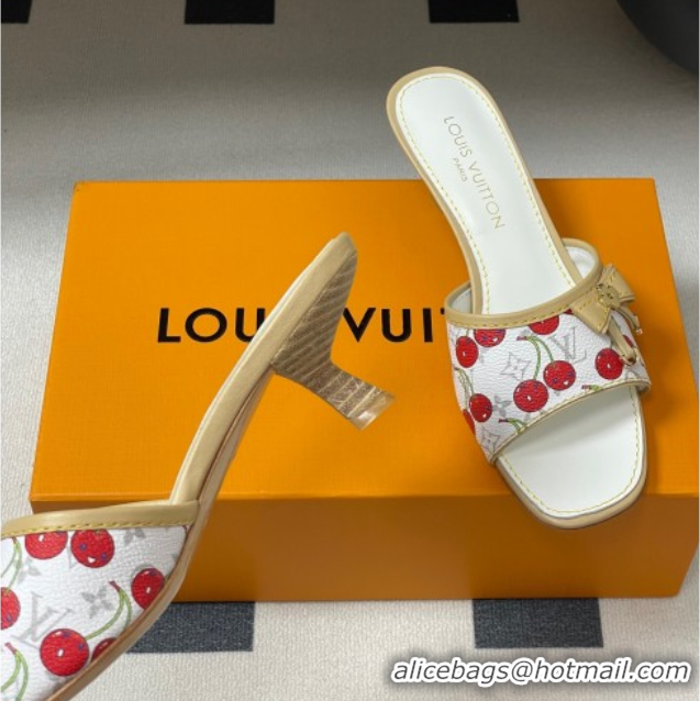 Good Product Louis Vuitton LV x TM Heel Slides Sandal 3cm in Leather with Luscious Cherry with Bow White 0607019