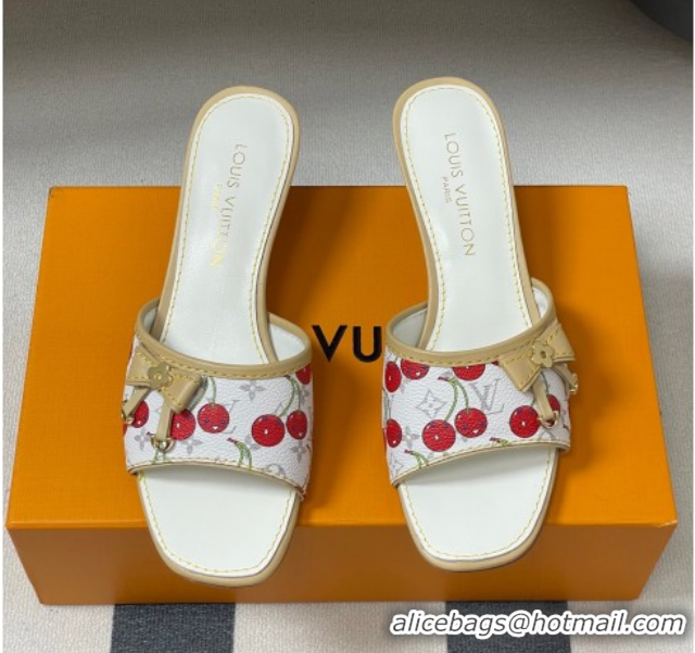 Good Product Louis Vuitton LV x TM Heel Slides Sandal 3cm in Leather with Luscious Cherry with Bow White 0607019