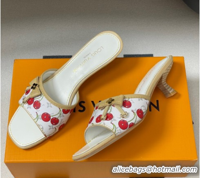 Good Product Louis Vuitton LV x TM Heel Slides Sandal 3cm in Leather with Luscious Cherry with Bow White 0607019