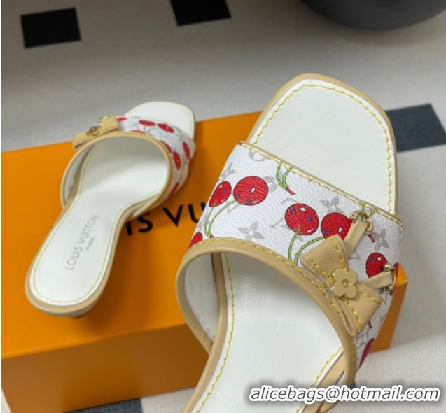 Good Product Louis Vuitton LV x TM Heel Slides Sandal 3cm in Leather with Luscious Cherry with Bow White 0607019