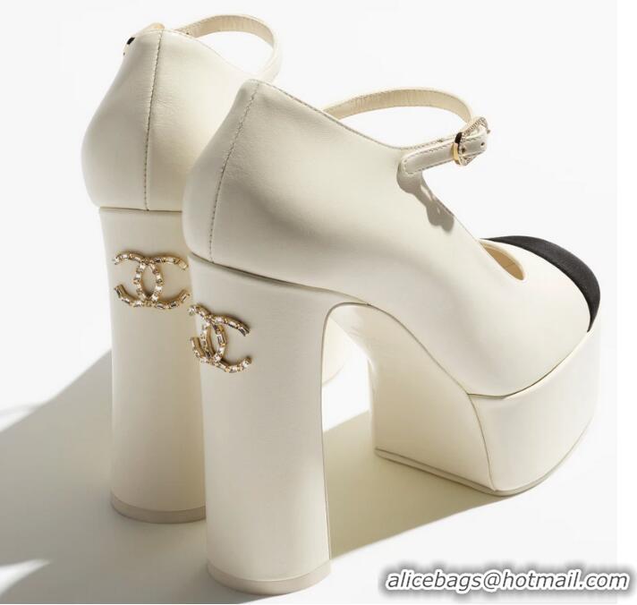 New Fashion Chanel Mary Janes Platform Lambskin/Grosgrain Heel 130cm G46435 Ivory/Black 2025