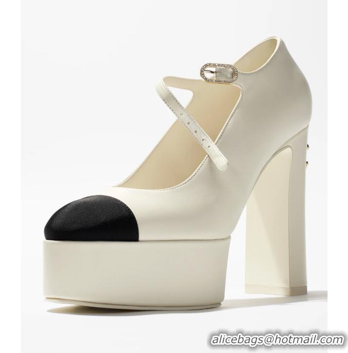 New Fashion Chanel Mary Janes Platform Lambskin/Grosgrain Heel 130cm G46435 Ivory/Black 2025