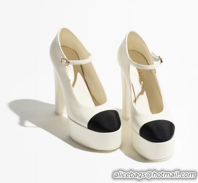 New Fashion Chanel Mary Janes Platform Lambskin/Grosgrain Heel 130cm G46435 Ivory/Black 2025