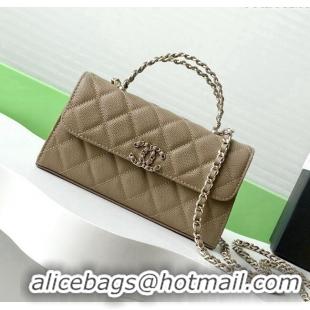 Promotional Chanel Phone Holder with Chain in Grained Shiny Calfskin AP3238 Khaki Spring-Summer 2025