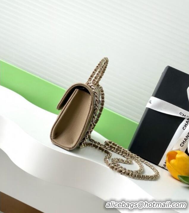 Promotional Chanel Phone Holder with Chain in Grained Shiny Calfskin AP3238 Khaki Spring-Summer 2025