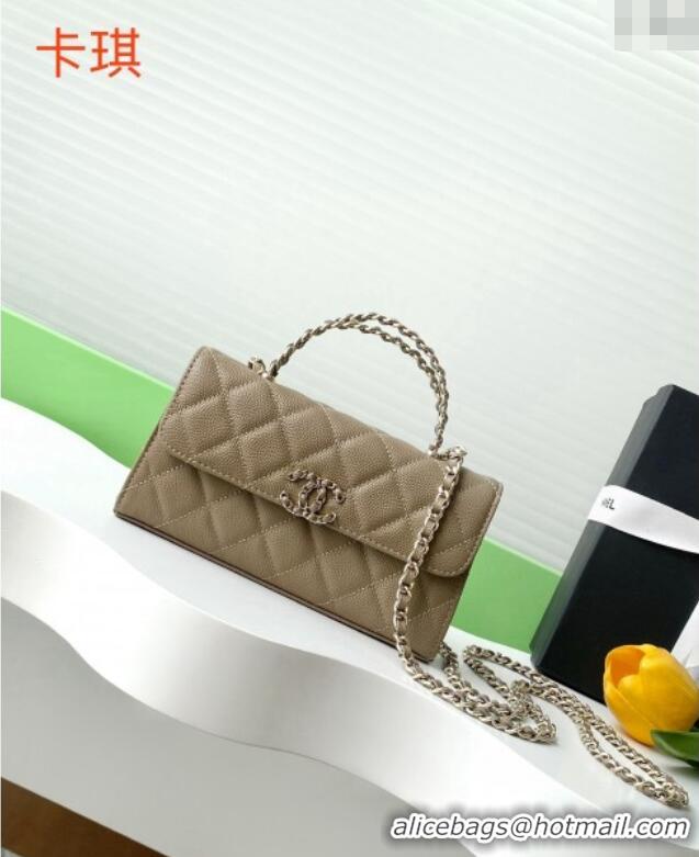 Promotional Chanel Phone Holder with Chain in Grained Shiny Calfskin AP3238 Khaki Spring-Summer 2025