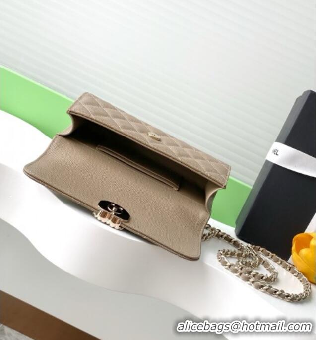 Promotional Chanel Phone Holder with Chain in Grained Shiny Calfskin AP3238 Khaki Spring-Summer 2025