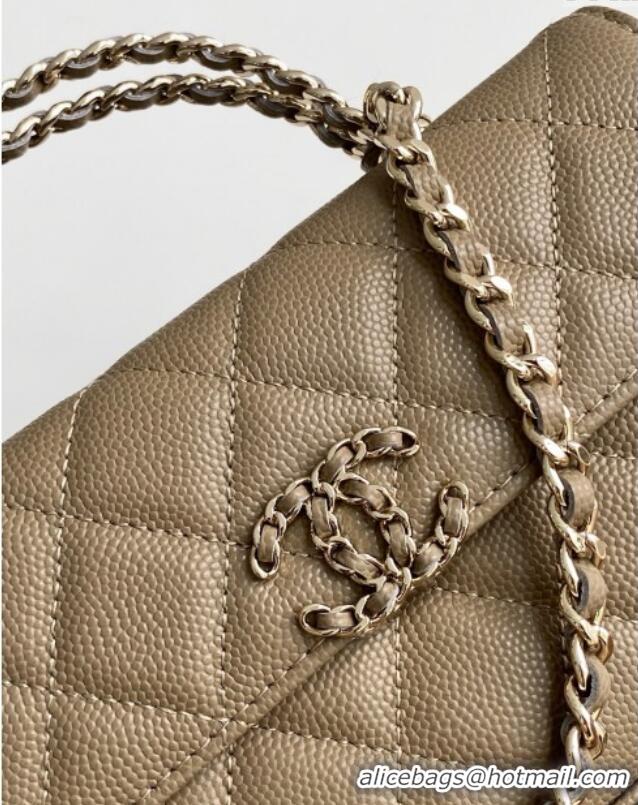 Promotional Chanel Phone Holder with Chain in Grained Shiny Calfskin AP3238 Khaki Spring-Summer 2025