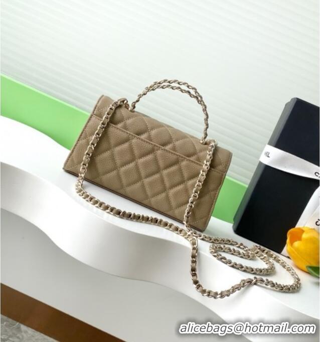 Promotional Chanel Phone Holder with Chain in Grained Shiny Calfskin AP3238 Khaki Spring-Summer 2025