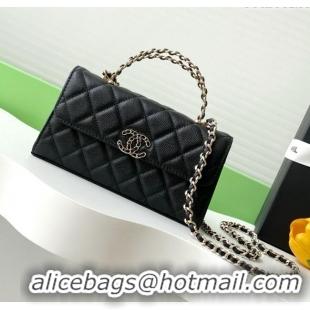 Shop Grade Chanel Phone Holder with Chain in Grained Shiny Calfskin AP3238 Black Spring-Summer 2025