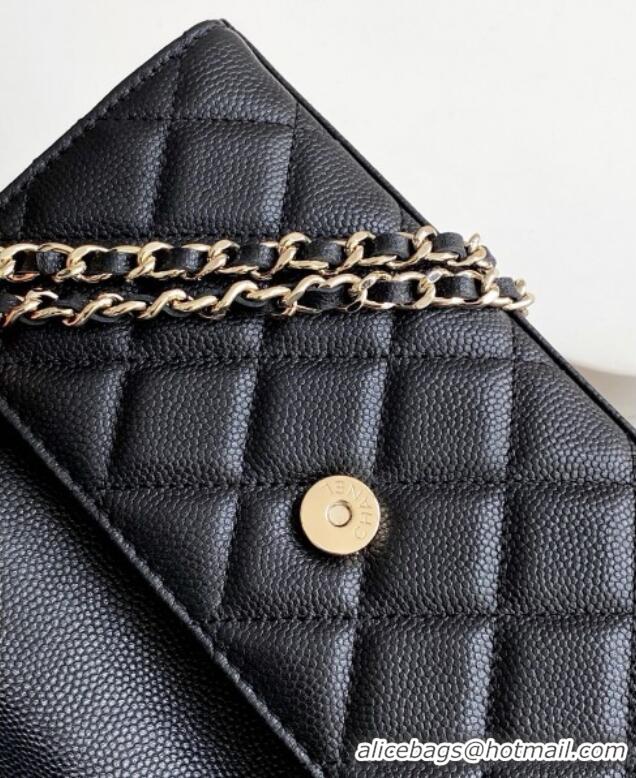 Shop Grade Chanel Phone Holder with Chain in Grained Shiny Calfskin AP3238 Black Spring-Summer 2025