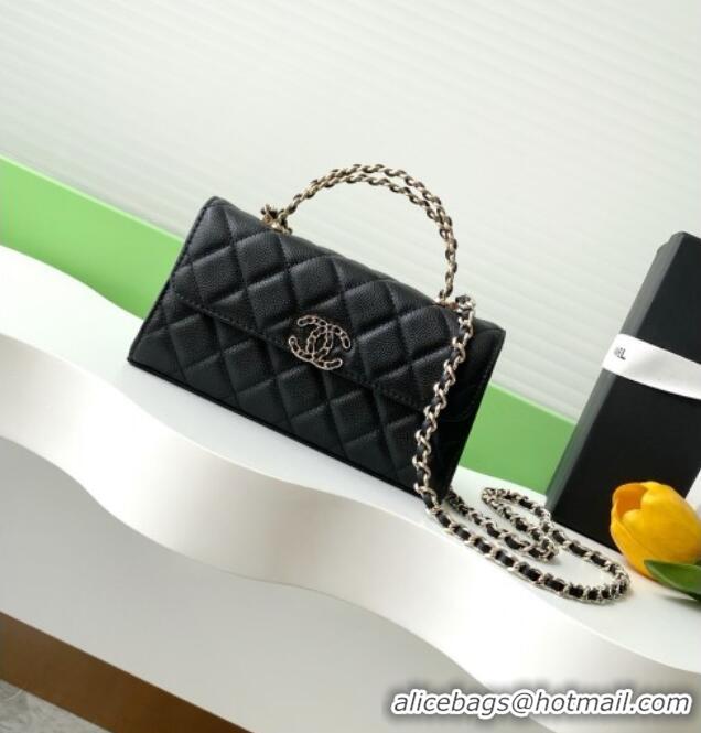 Shop Grade Chanel Phone Holder with Chain in Grained Shiny Calfskin AP3238 Black Spring-Summer 2025