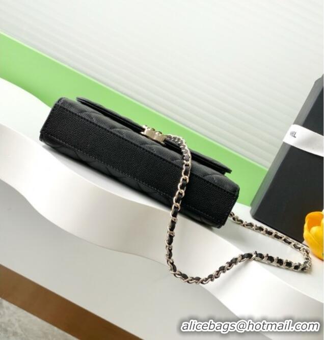 Shop Grade Chanel Phone Holder with Chain in Grained Shiny Calfskin AP3238 Black Spring-Summer 2025