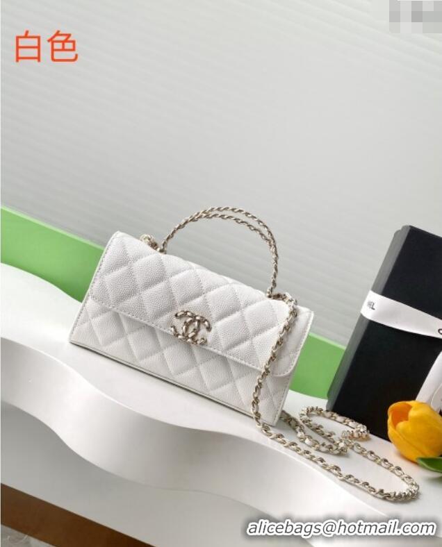 Top Design Chanel Phone Holder with Chain in Grained Shiny Calfskin AP3238 White Spring-Summer 2025