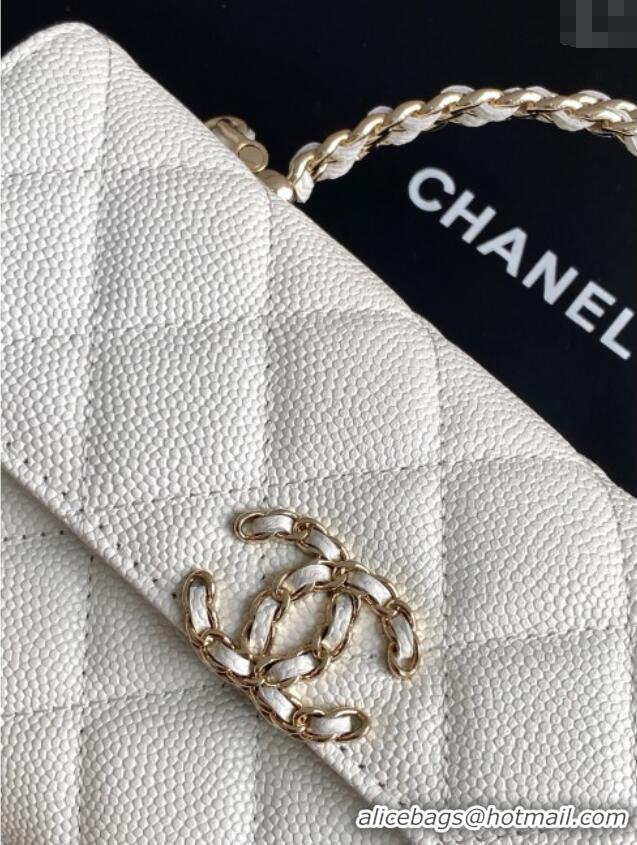 Top Design Chanel Phone Holder with Chain in Grained Shiny Calfskin AP3238 White Spring-Summer 2025