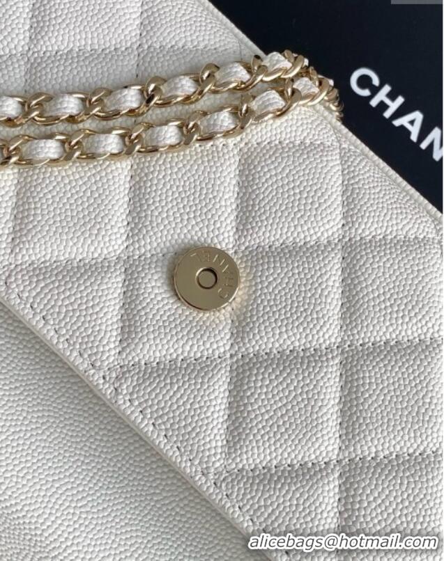 Top Design Chanel Phone Holder with Chain in Grained Shiny Calfskin AP3238 White Spring-Summer 2025