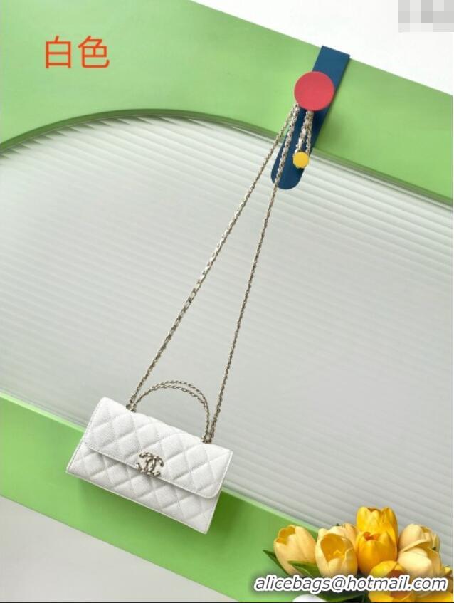 Top Design Chanel Phone Holder with Chain in Grained Shiny Calfskin AP3238 White Spring-Summer 2025