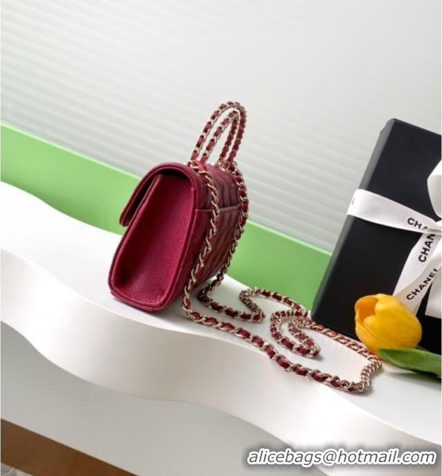 Grade Quality Chanel Phone Holder with Chain in Grained Shiny Calfskin AP3238 Burgundy Spring-Summer 2025