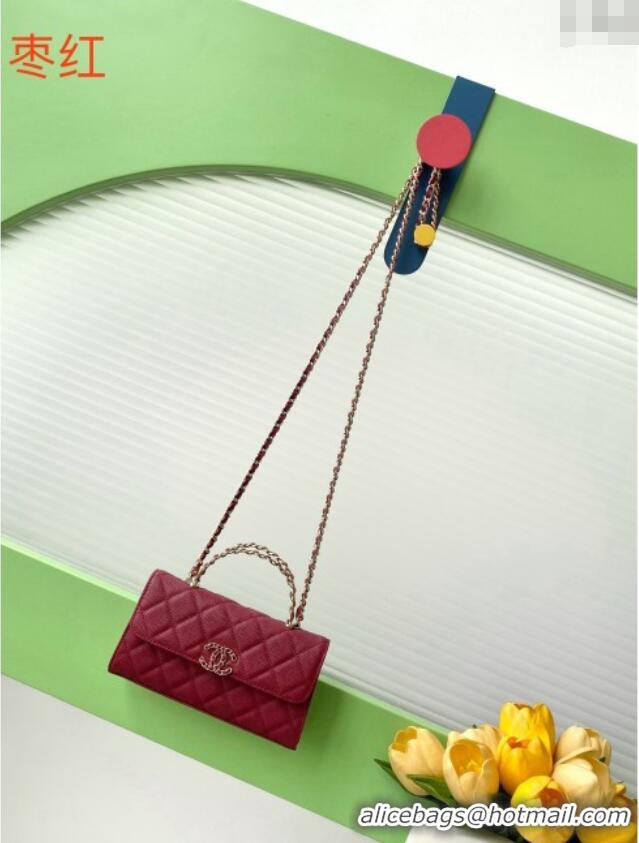 Grade Quality Chanel Phone Holder with Chain in Grained Shiny Calfskin AP3238 Burgundy Spring-Summer 2025