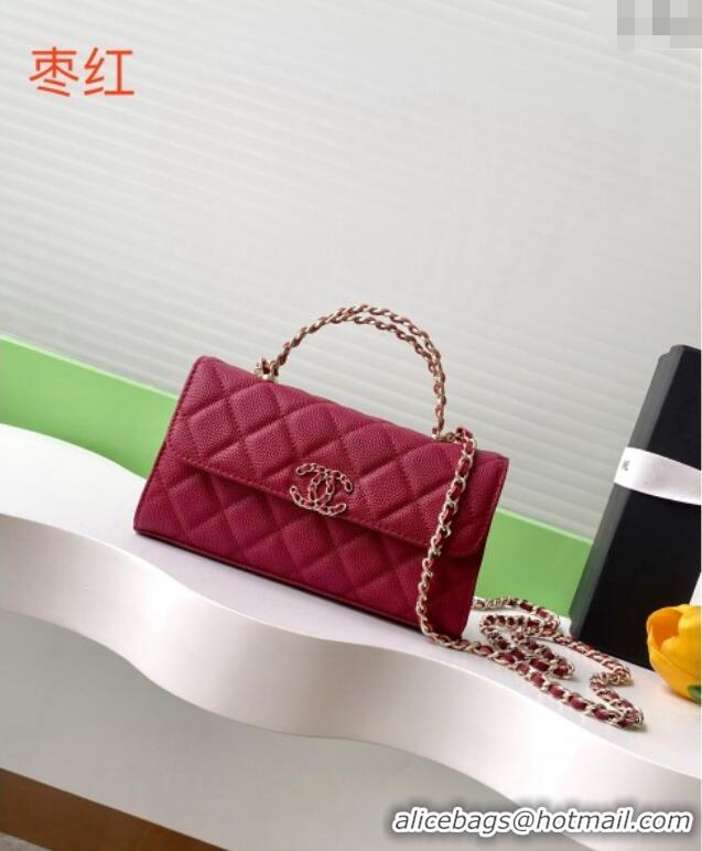 Grade Quality Chanel Phone Holder with Chain in Grained Shiny Calfskin AP3238 Burgundy Spring-Summer 2025