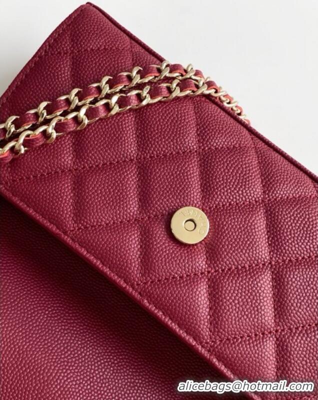 Grade Quality Chanel Phone Holder with Chain in Grained Shiny Calfskin AP3238 Burgundy Spring-Summer 2025