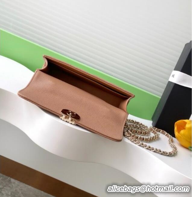 Classic Specials Chanel Phone Holder with Chain in Grained Shiny Calfskin AP3238 Dark Apricot Spring-Summer 2025
