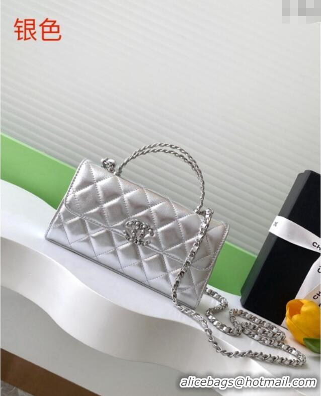 Well Crafted Chanel Phone Holder with Chain in Lambskin AP3238 Silver Spring-Summer 2025