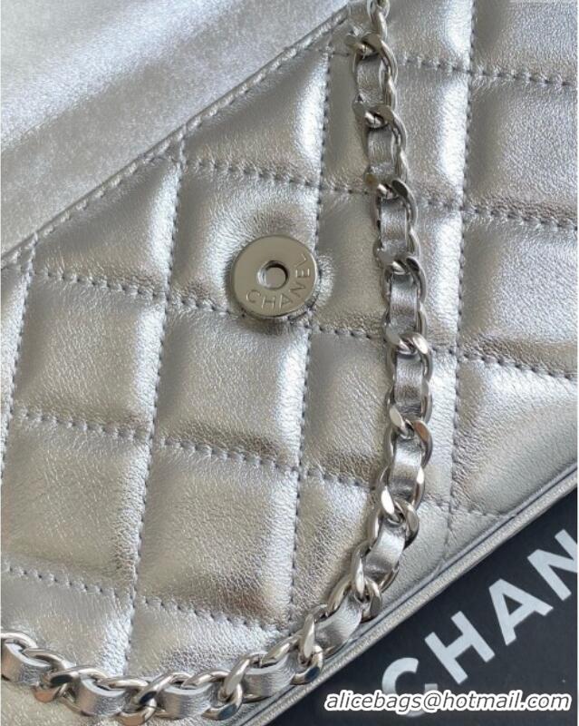 Well Crafted Chanel Phone Holder with Chain in Lambskin AP3238 Silver Spring-Summer 2025