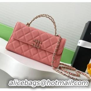 Best Price Chanel Phone Holder with Chain in Grained Shiny Calfskin AP3238 Lobster Pink Spring-Summer 2025