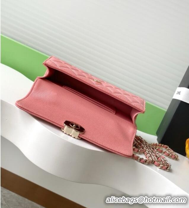 Best Price Chanel Phone Holder with Chain in Grained Shiny Calfskin AP3238 Lobster Pink Spring-Summer 2025