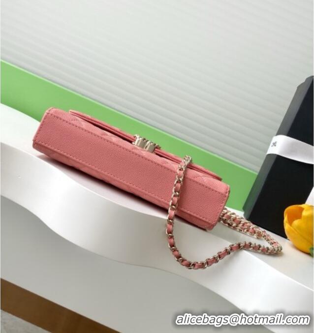 Best Price Chanel Phone Holder with Chain in Grained Shiny Calfskin AP3238 Lobster Pink Spring-Summer 2025